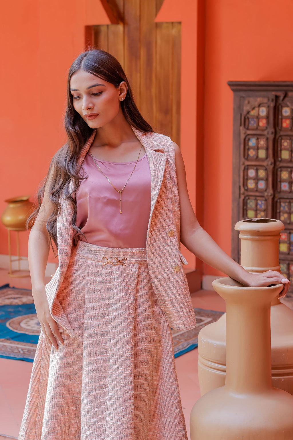 Peach tweed waistcoat with gold buttons  ESWWT0003-PEAGB