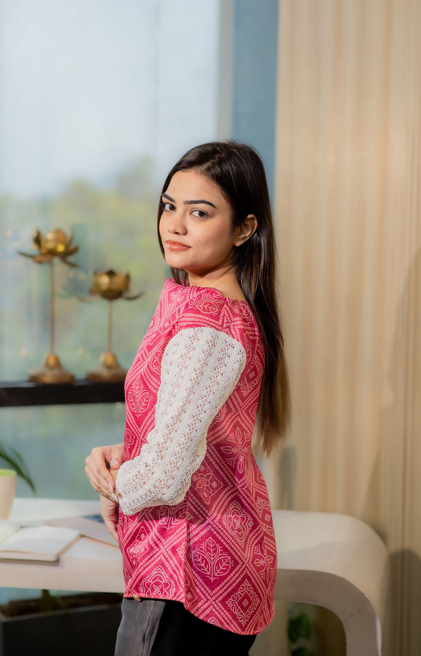 Pink Jaipuri top with white crotia sleeves and  gold buttons-Esseneur
