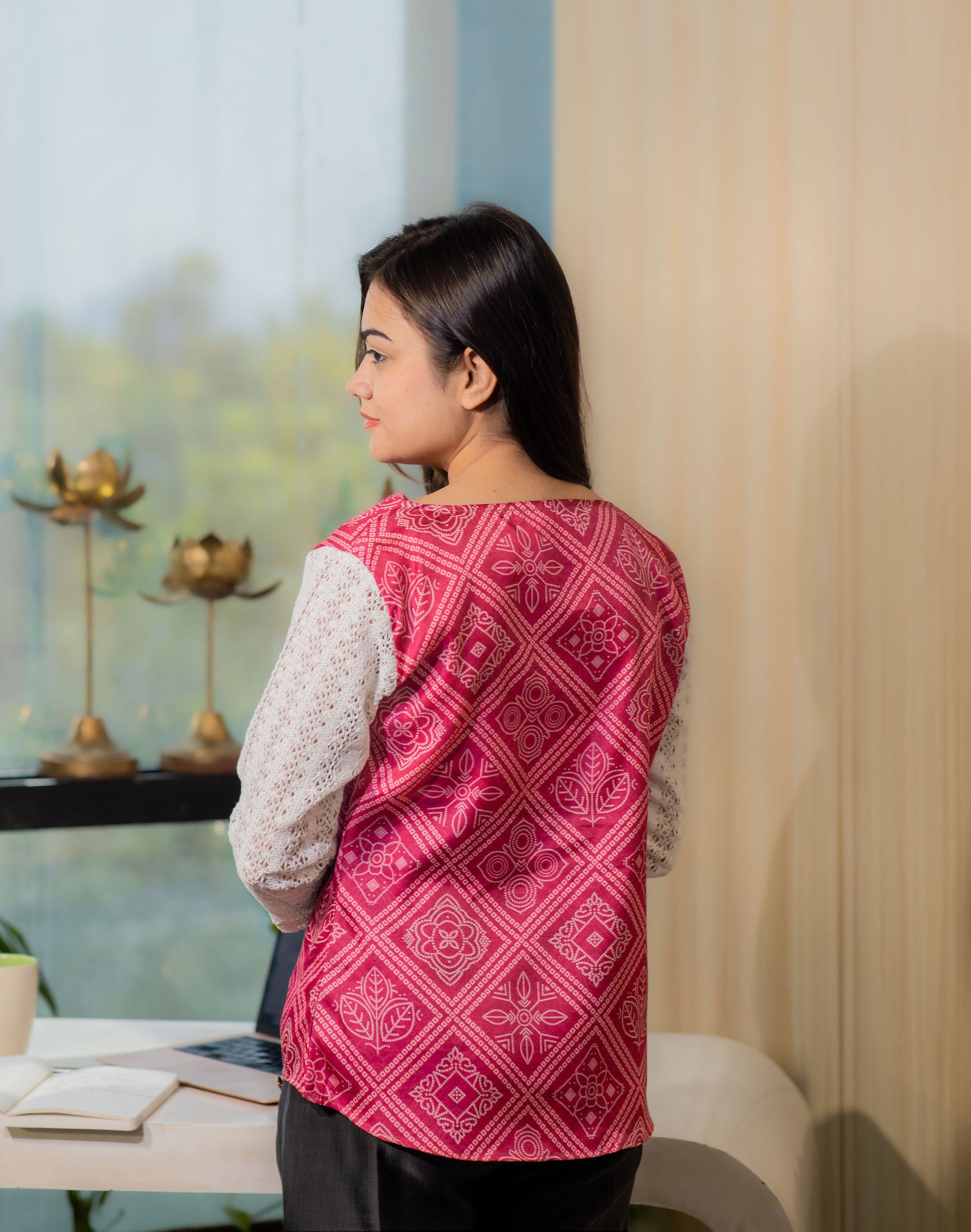 Pink Jaipuri top with white crotia sleeves and  gold buttons-Esseneur