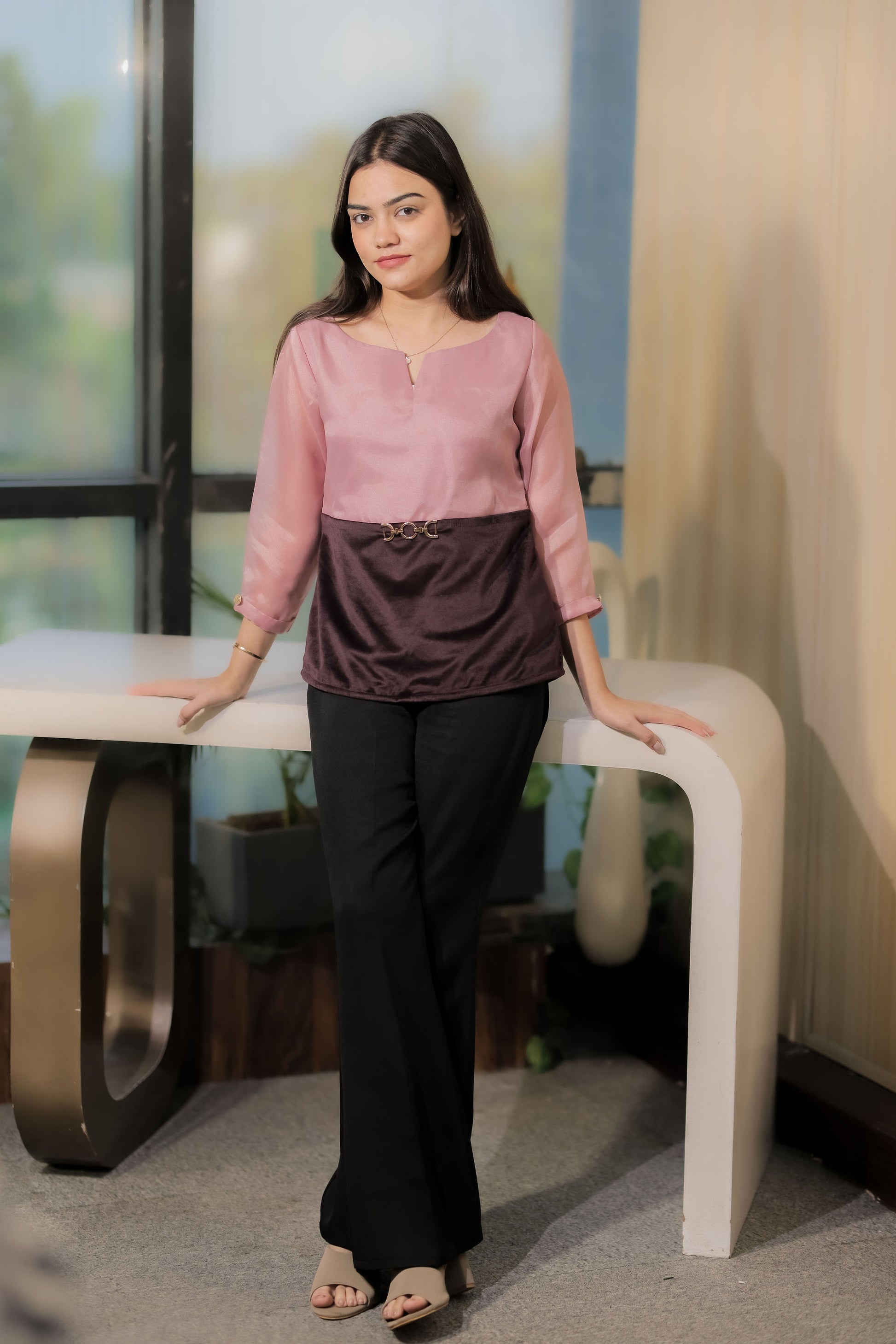Pink organza top with half velvet and gold buckle with quarter sleeves - esseneur. 
