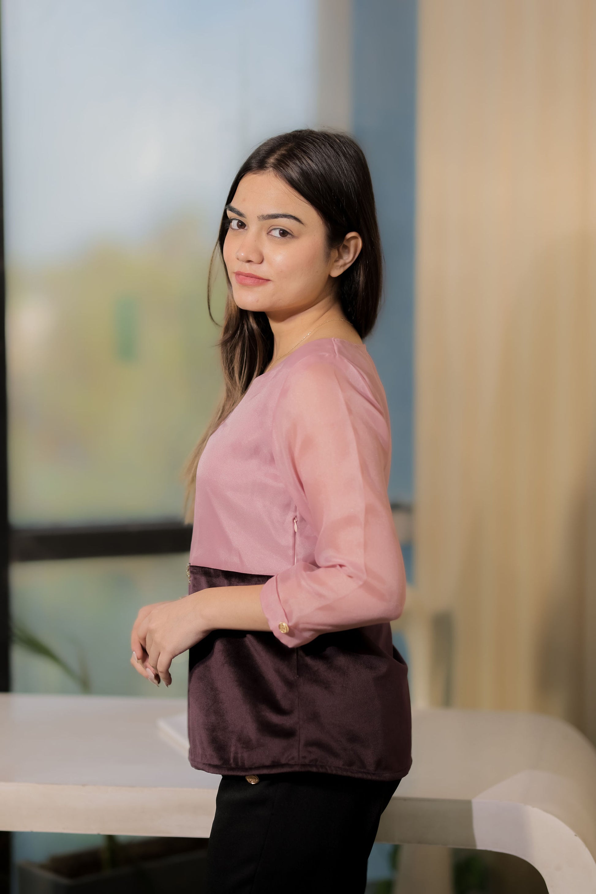 Pink organza top with half velvet and gold buckle with quarter sleeves - esseneur. 