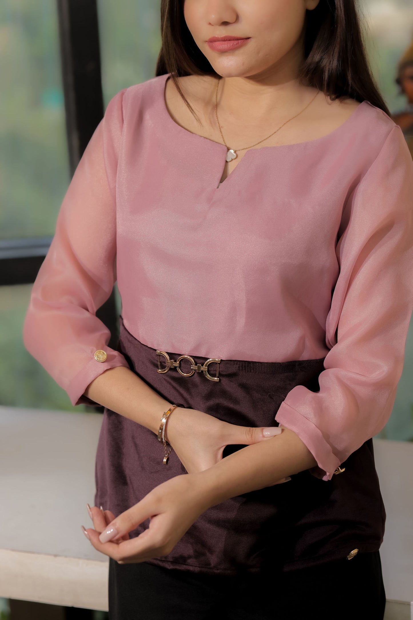 Pink organza top with half velvet and gold buckle with quarter sleeves - esseneur. 