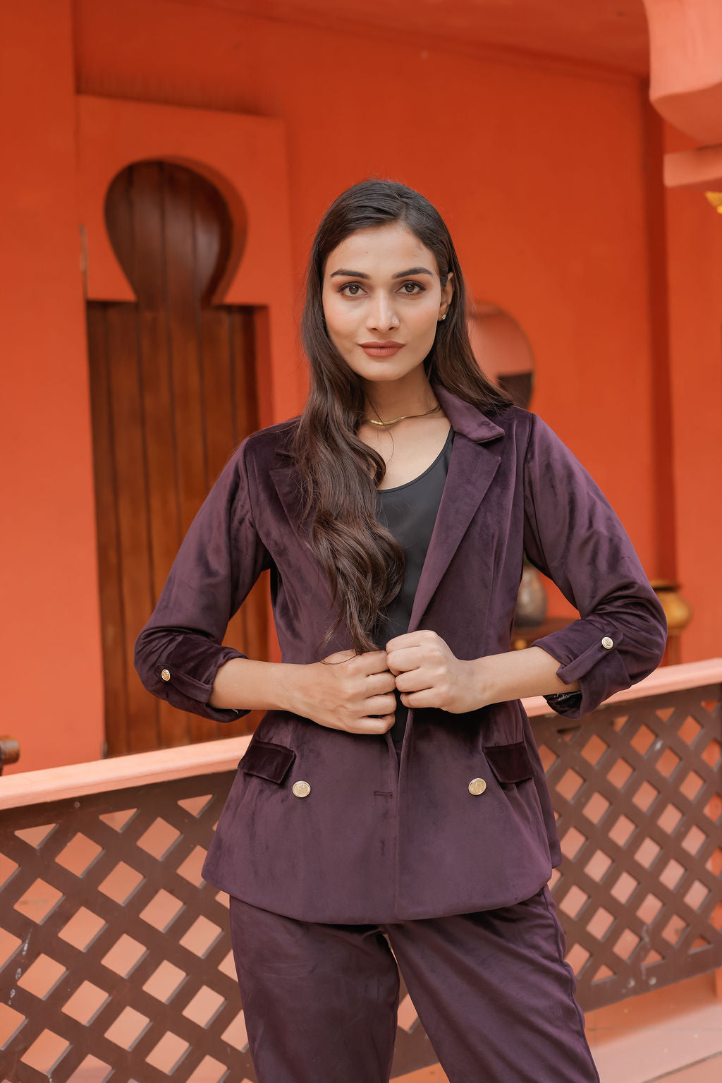Purple velvet coat with gold detailing buttons & Pants Co ord set EWCO0034-PURPT