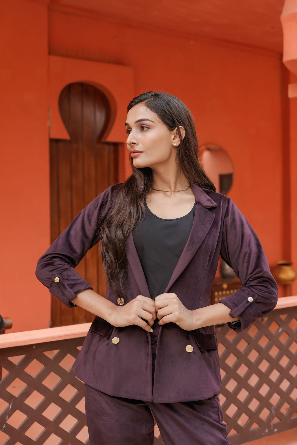 Purple velvet coat with gold detailing buttons & Pants Co ord set EWCO0034-PURPT