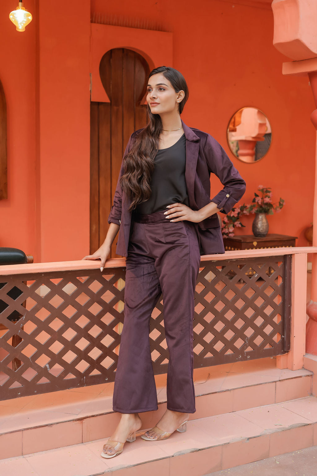 Purple velvet coat with gold detailing buttons & Pants Co ord set EWCO0034-PURPT