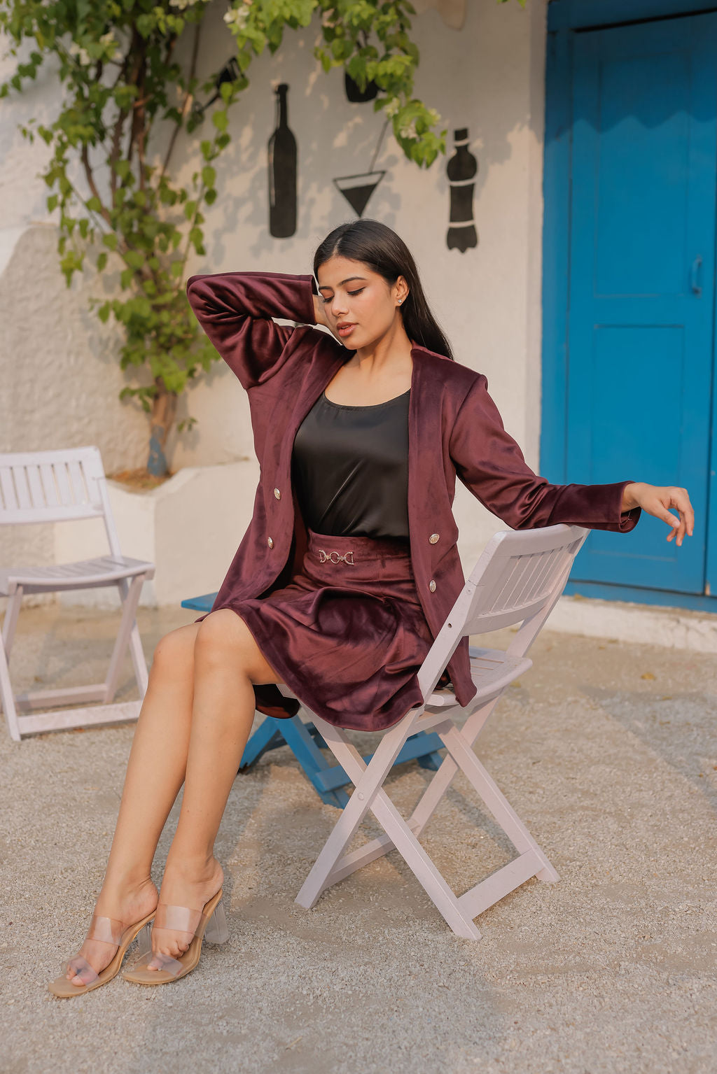 Purple velvet coat with gold detailing buttons & Skirt Co ord set EWCO0034-PURSK