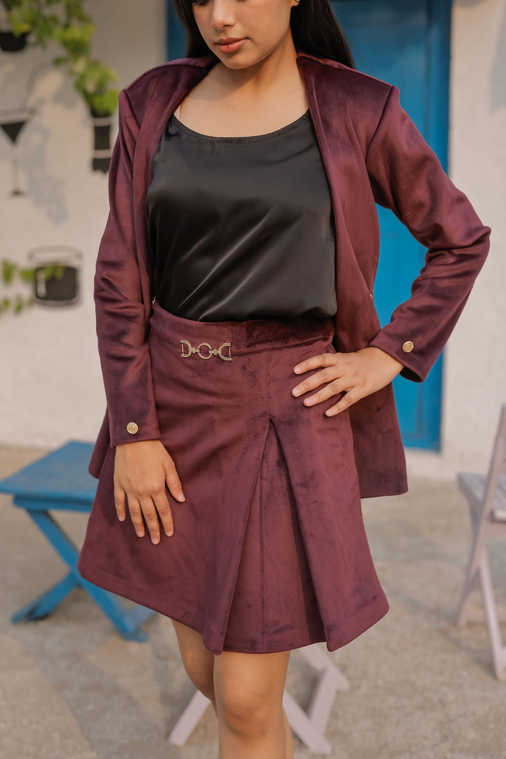 Purple velvet coat with gold detailing buttons & Skirt Co ord set EWCO0034-PURSK