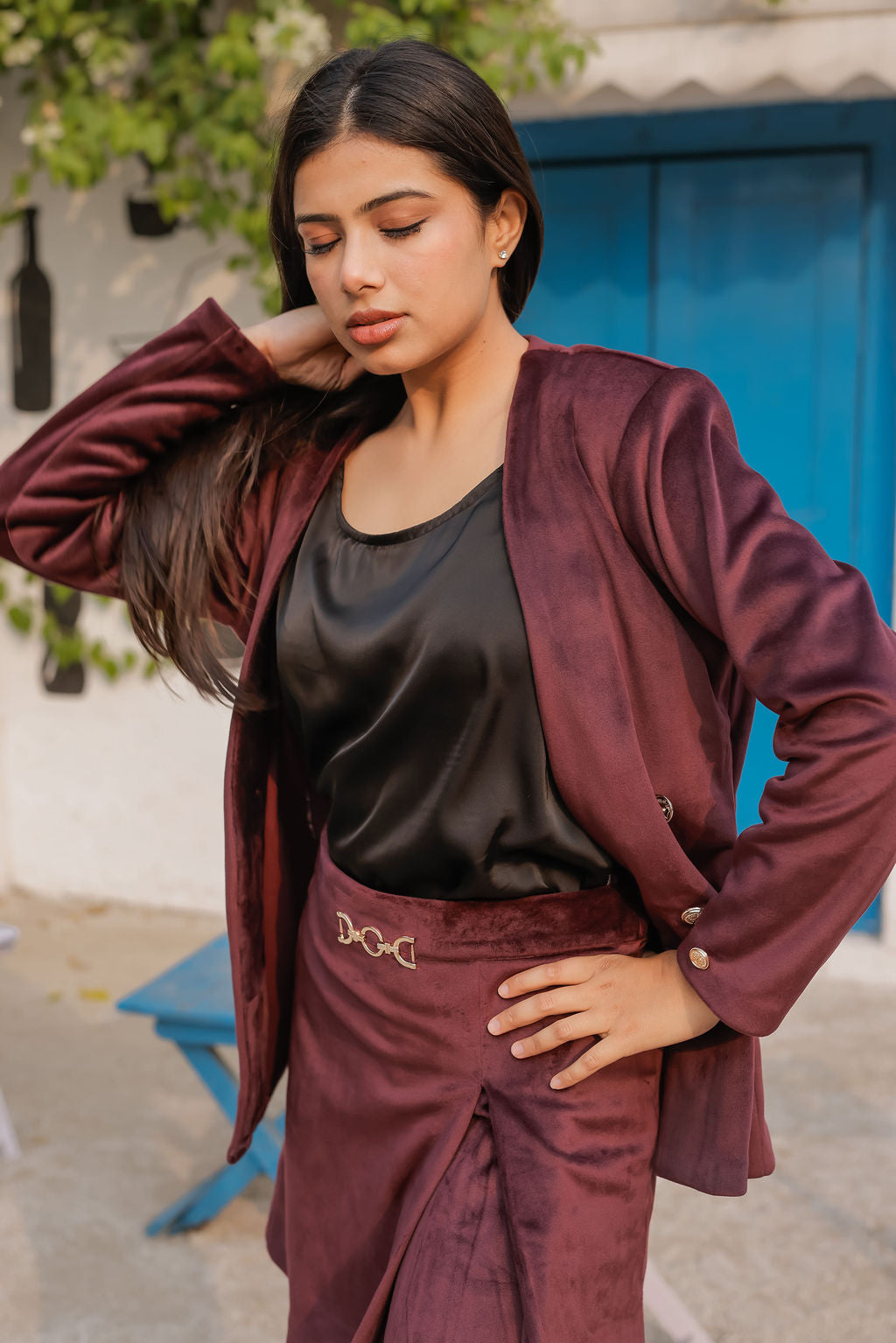 Purple velvet coat with gold detailing buttons & Skirt Co ord set EWCO0034-PURSK