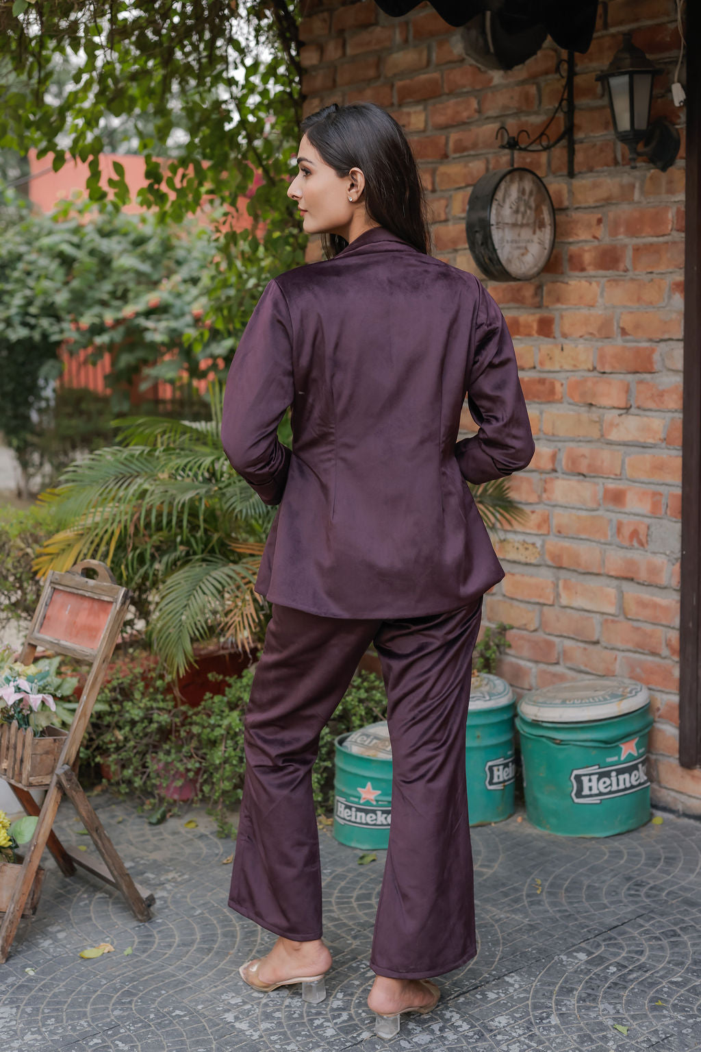 Purple velvet straight pants with gold buttons detailing ESWPA0028-PURGB