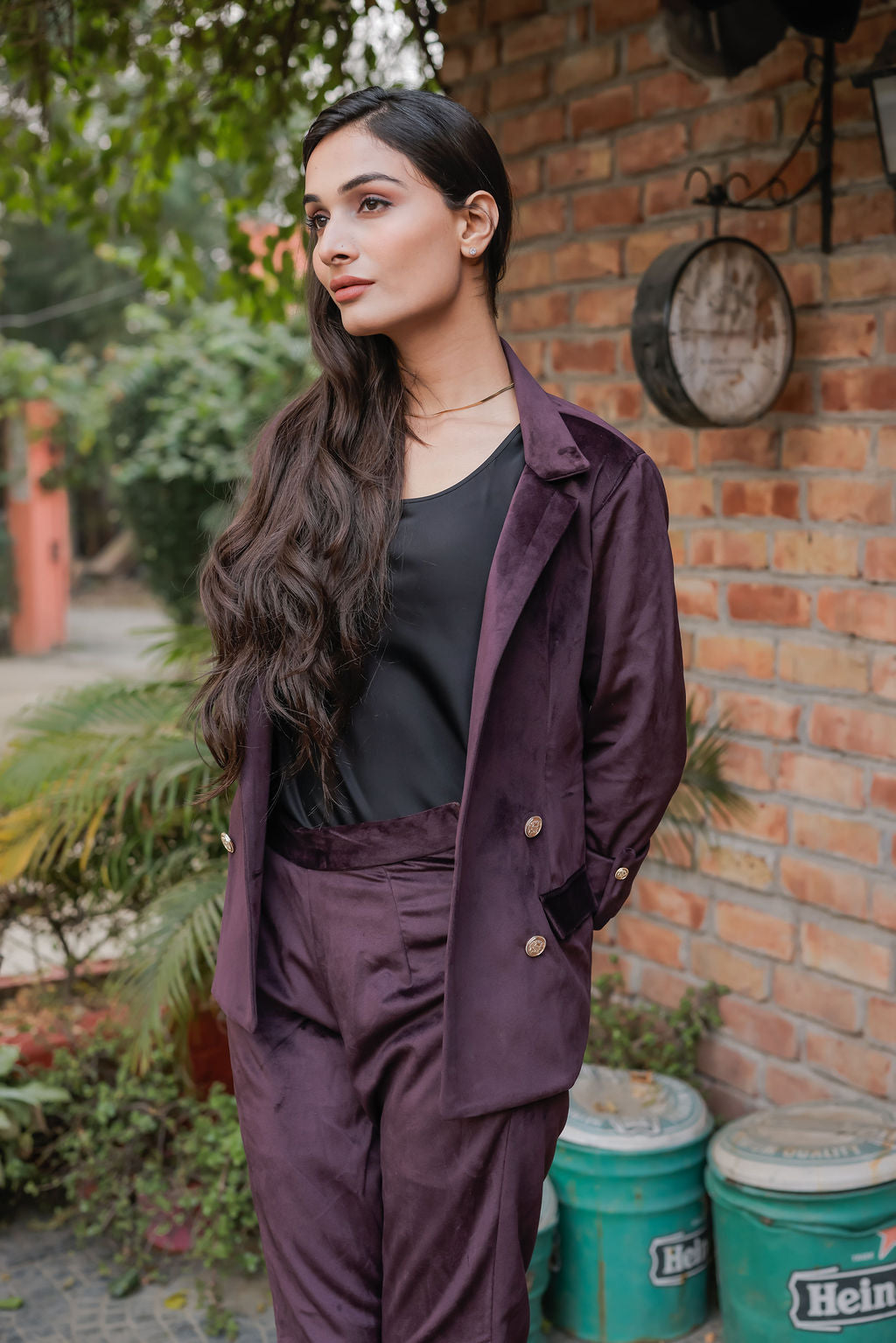 Purple velvet straight pants with gold buttons detailing ESWPA0028-PURGB