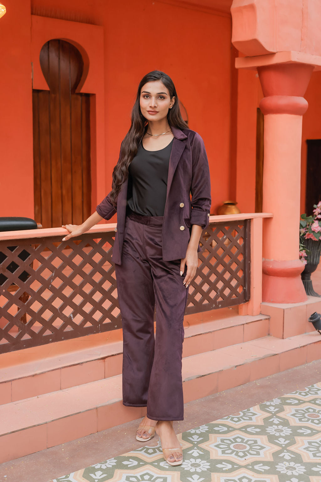 Purple velvet straight pants with gold buttons detailing ESWPA0028-PURGB