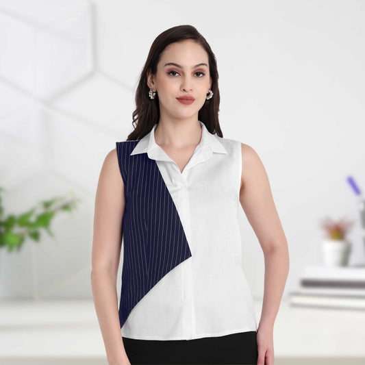 White sleeveless shirt with blue flap-esseneur