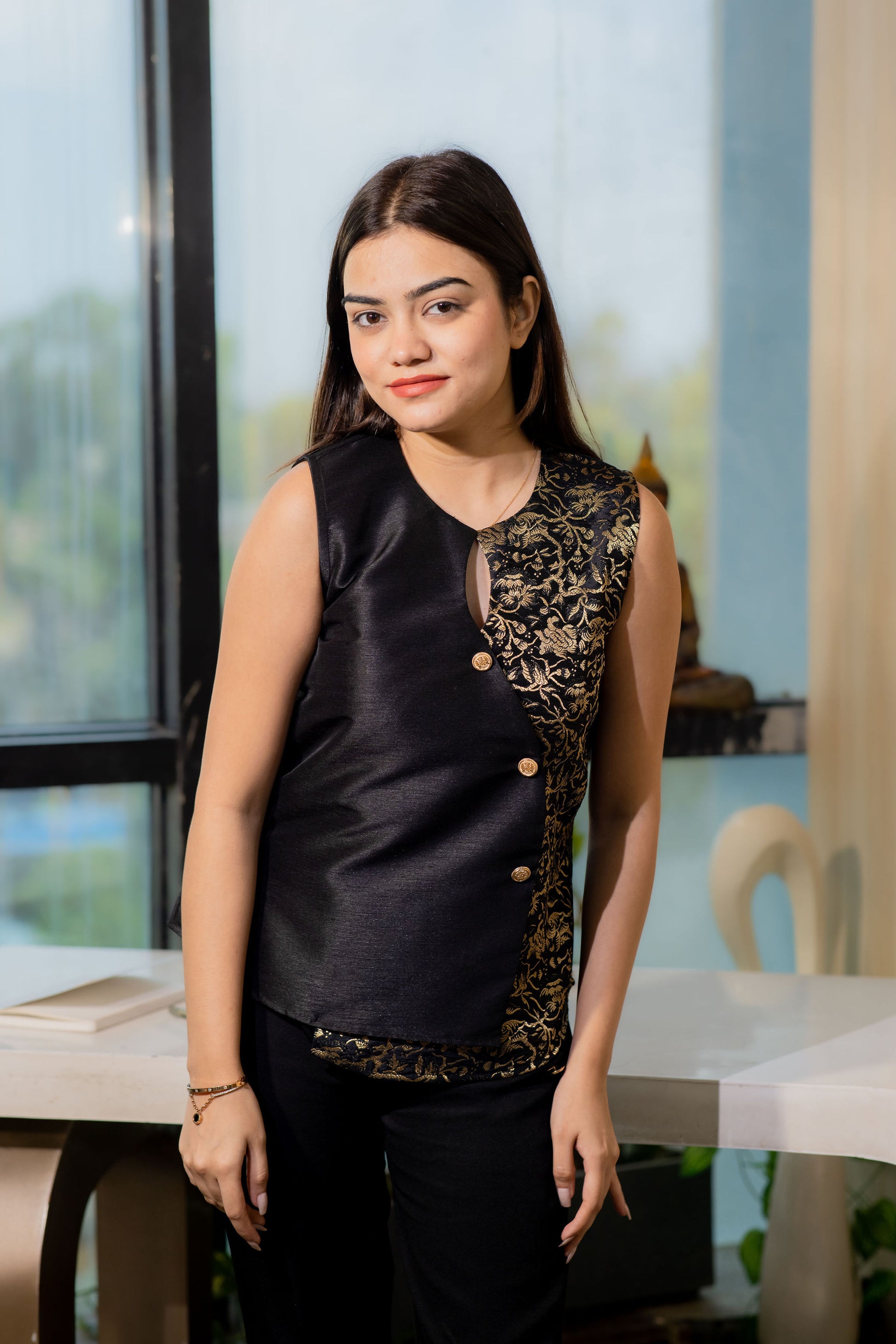 Black brocade waistcoat and black pants-esseneur