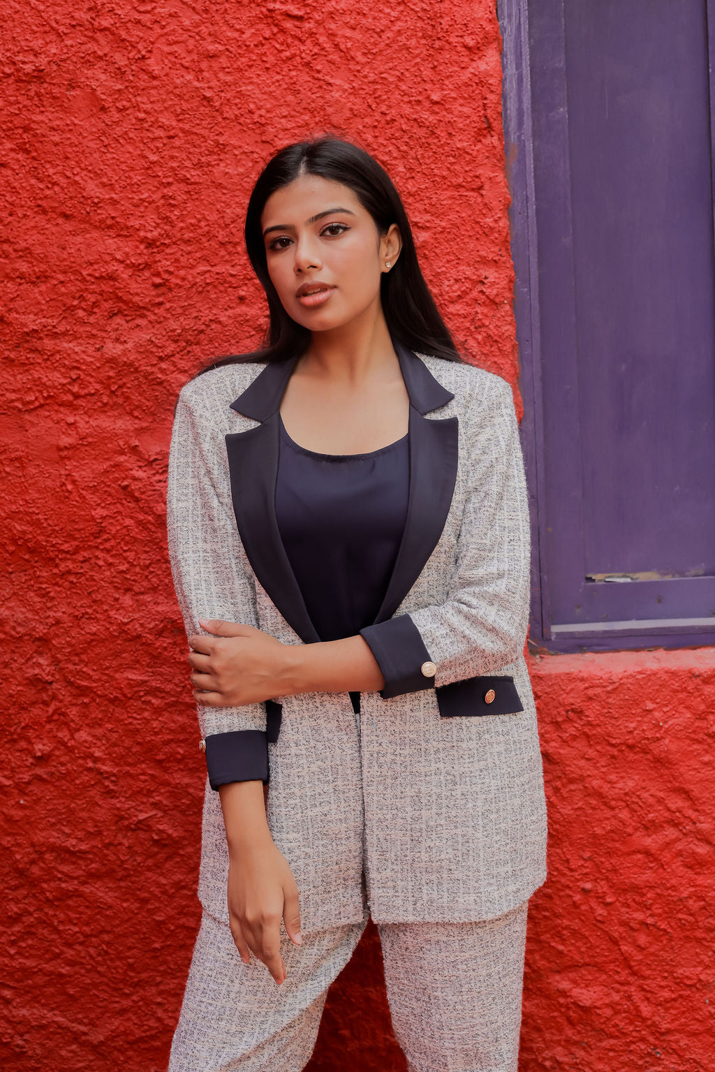 White & Grey Tweed fabric coat & Pants Co ord set  with blue satin detailing and gold buttons EWCO0033-WHTPT