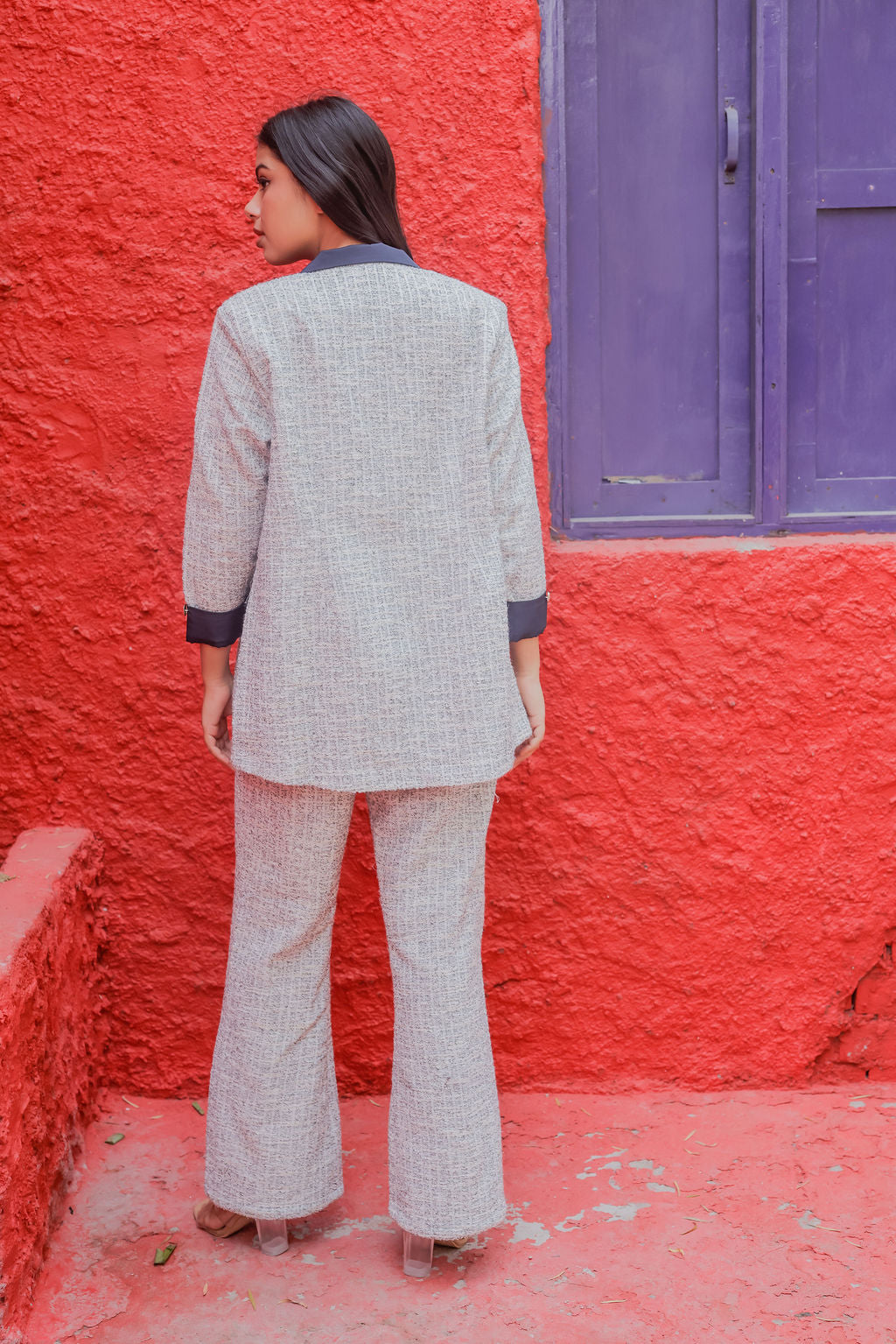 White & Grey Tweed fabric coat with blue satin detailing and gold buttons EWCT0008-WHTGB