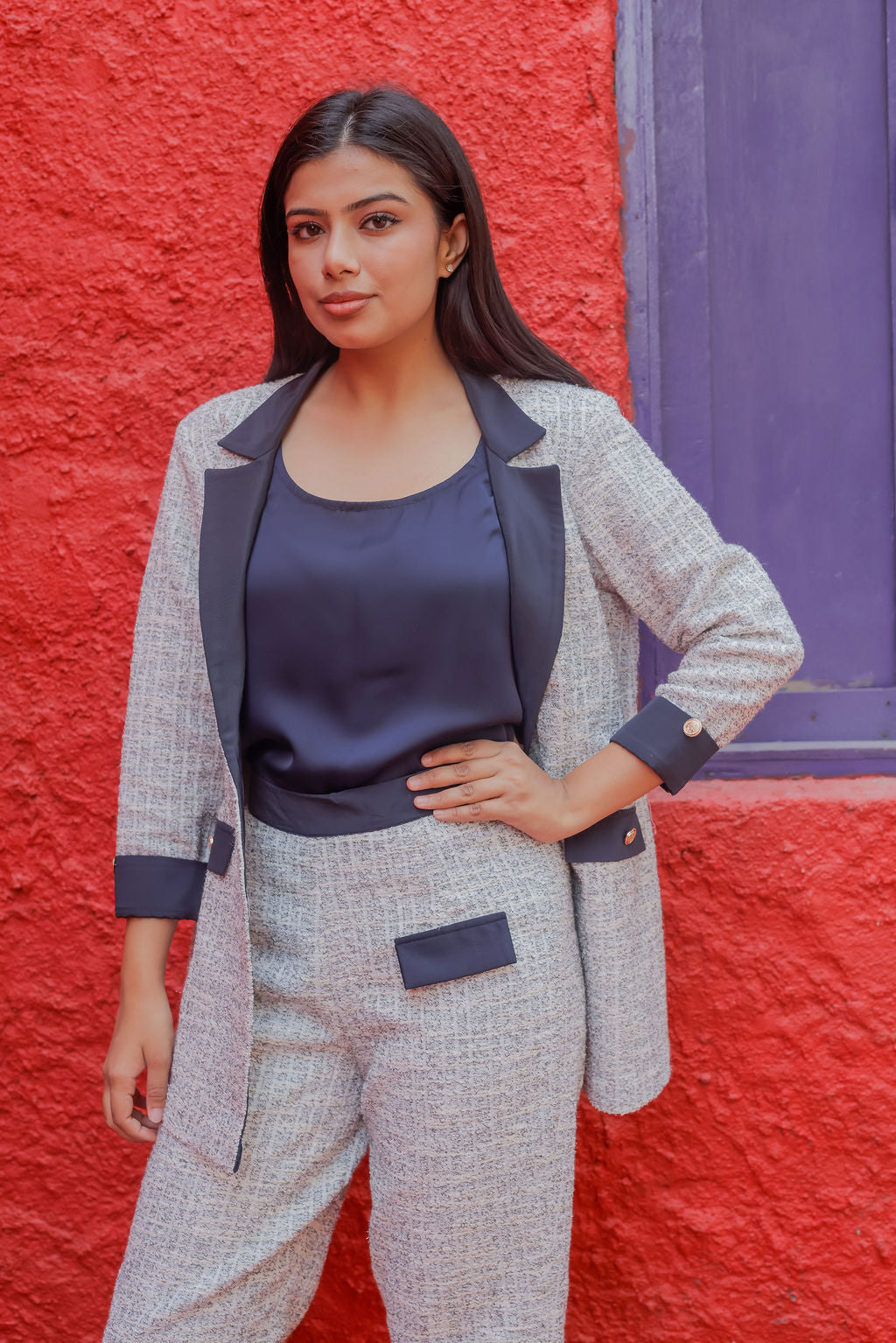 White & Grey Tweed fabric coat & Pants Co ord set  with blue satin detailing and gold buttons EWCO0033-WHTPT