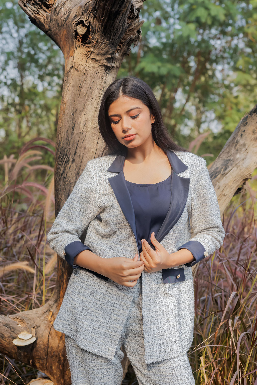 White & Grey Tweed fabric coat & Pants Co ord set  with blue satin detailing and gold buttons EWCO0033-WHTPT