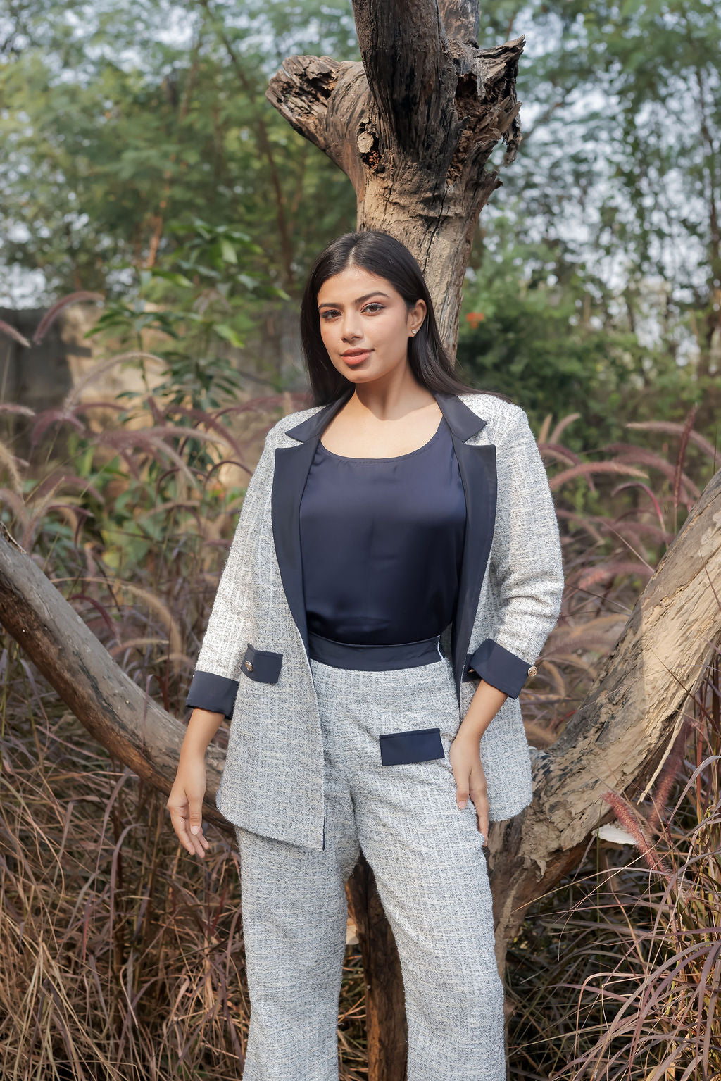 White & Grey Tweed fabric coat & Pants Co ord set  with blue satin detailing and gold buttons EWCO0033-WHTPT