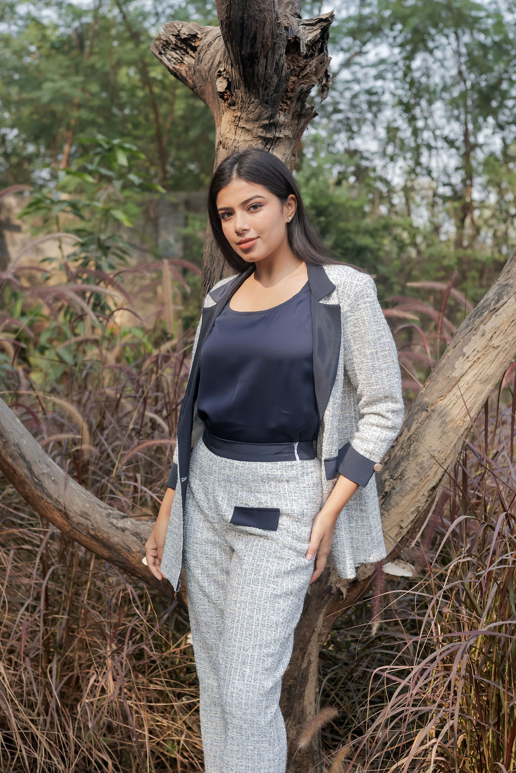 White & Grey Tweed fabric coat & Pants Co ord set  with blue satin detailing and gold buttons EWCO0033-WHTPT