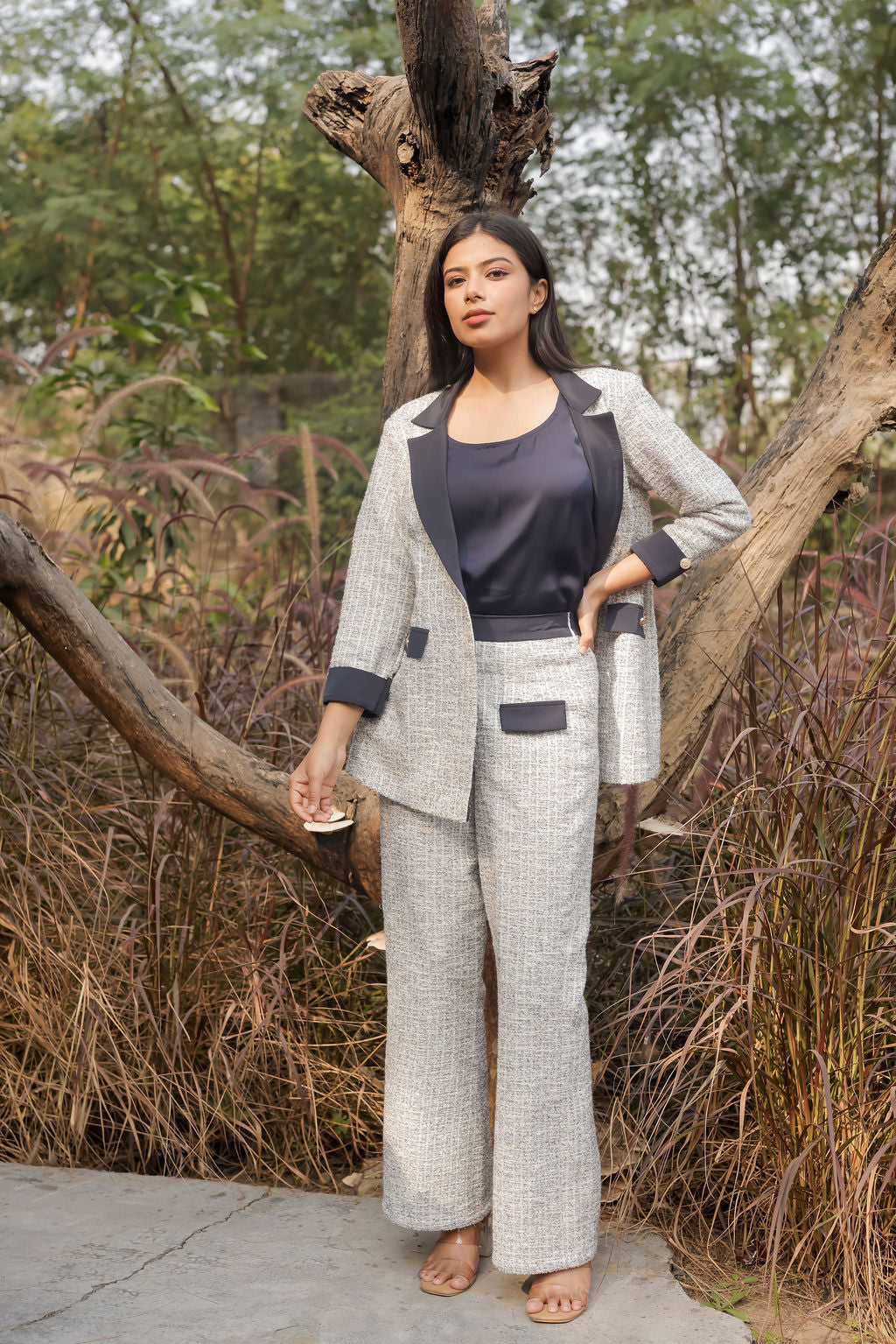 White & Grey Tweed fabric coat with blue satin detailing and gold buttons EWCT0008-WHTGB