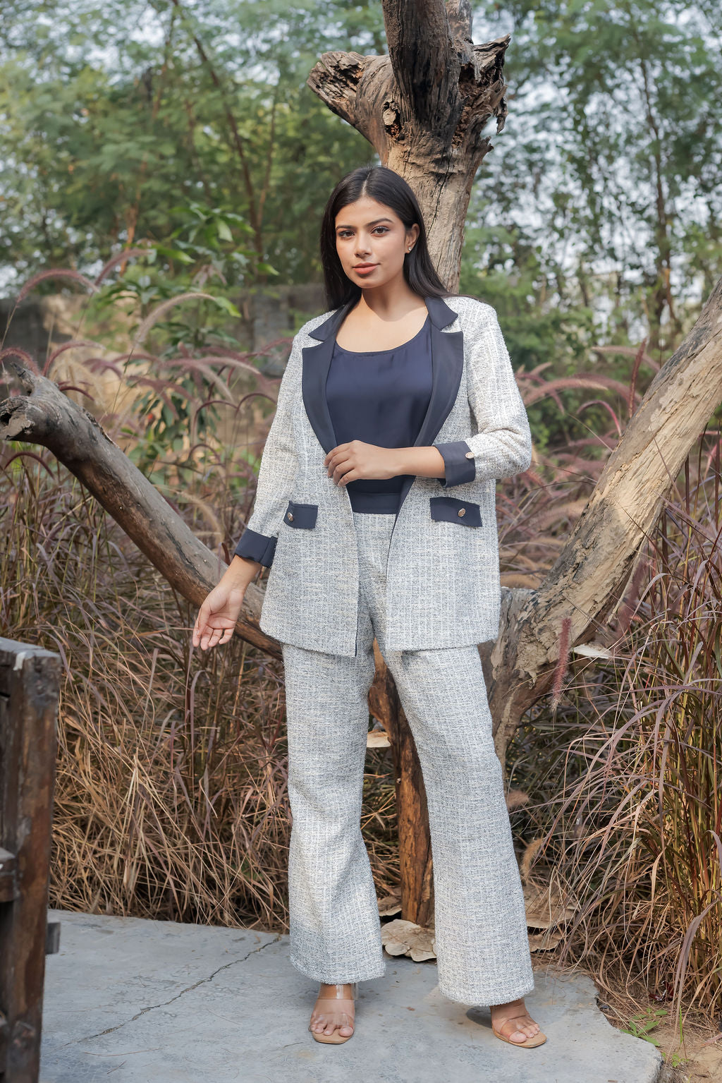 White & Grey Tweed fabric coat & Pants Co ord set  with blue satin detailing and gold buttons EWCO0033-WHTPT