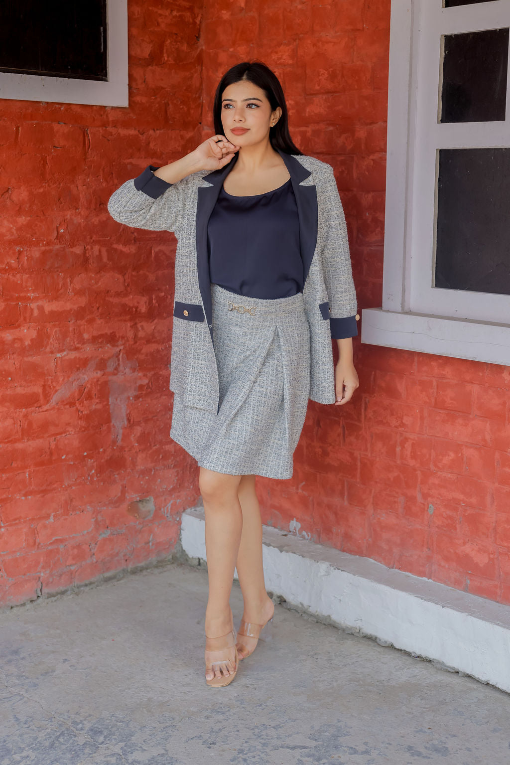 White & Grey Tweed fabric coat with blue satin detailing and gold buttons EWCT0008-WHTGB