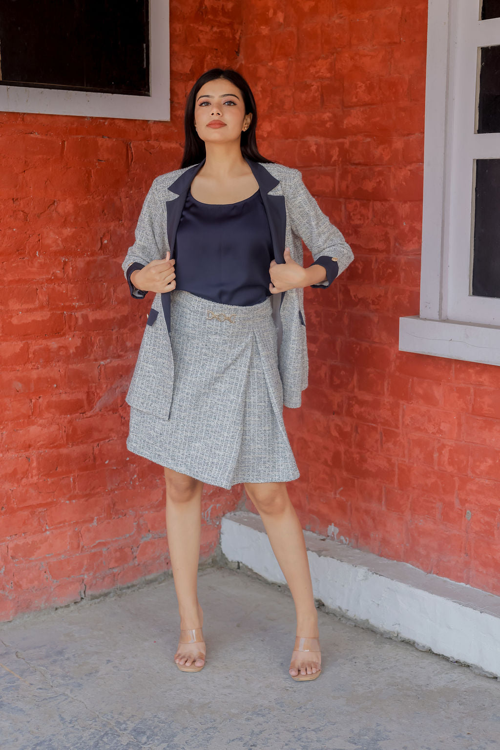 White & Grey Tweed fabric coat with blue satin detailing and gold buttons EWCT0008-WHTGB