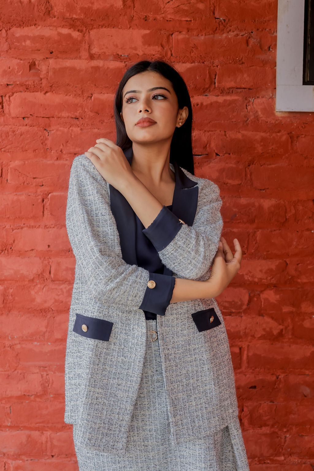 White & Grey Tweed fabric coat & Pants Co ord set  with blue satin detailing and gold buttons EWCO0033-WHTPT