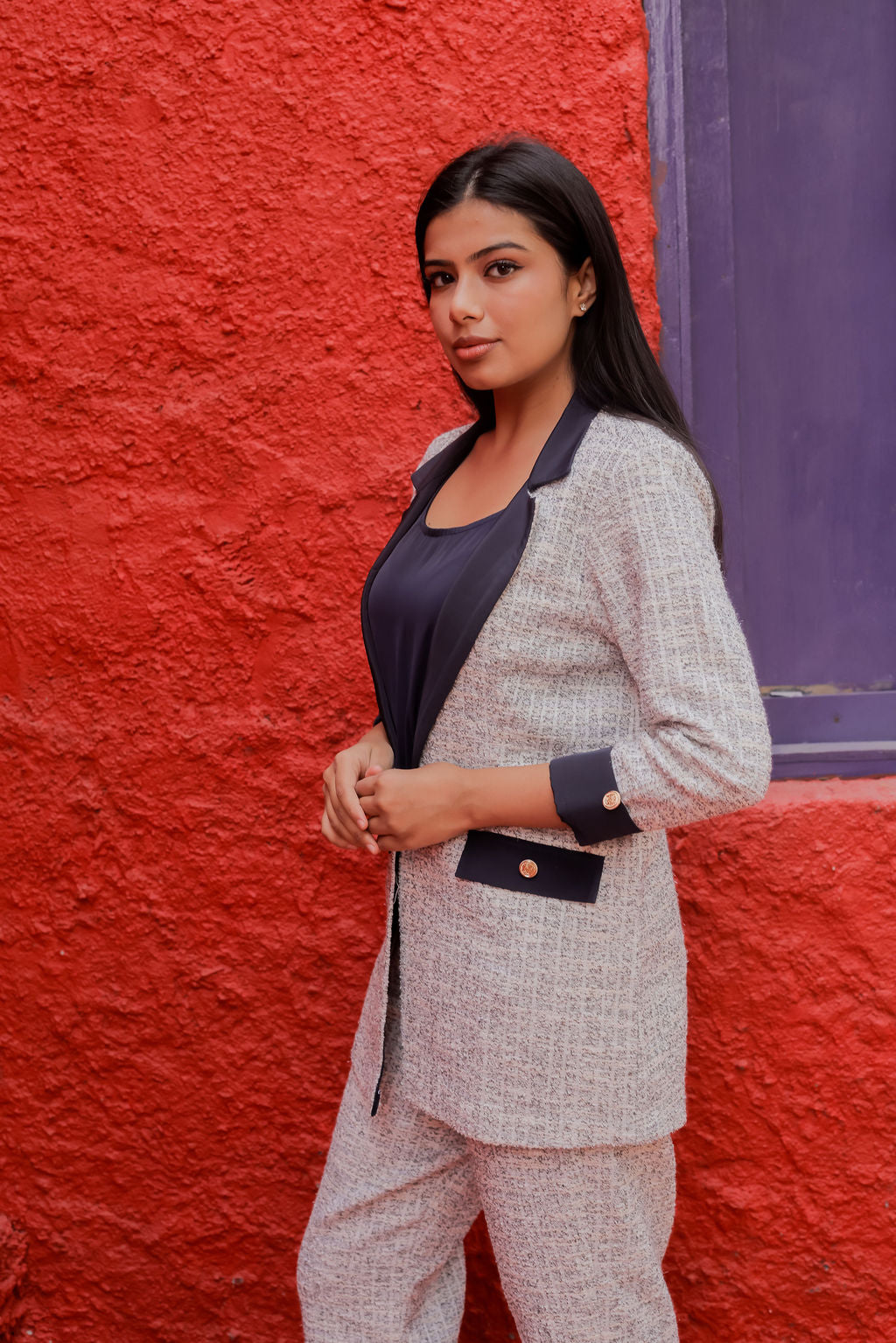 White & Grey Tweed pants with gold buttons detailing ESWPA0025-WHTGB