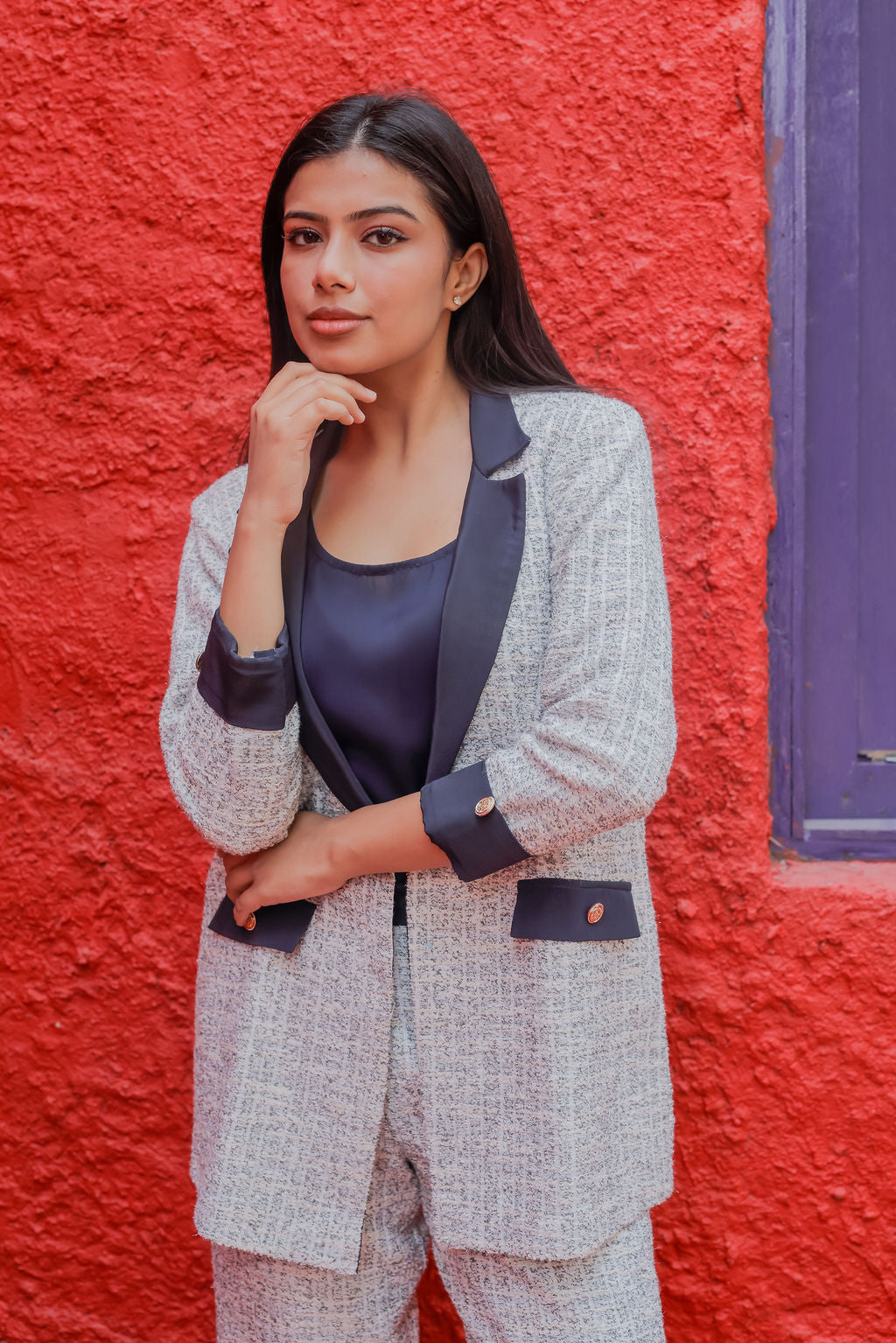 White & Grey Tweed pants with gold buttons detailing ESWPA0025-WHTGB