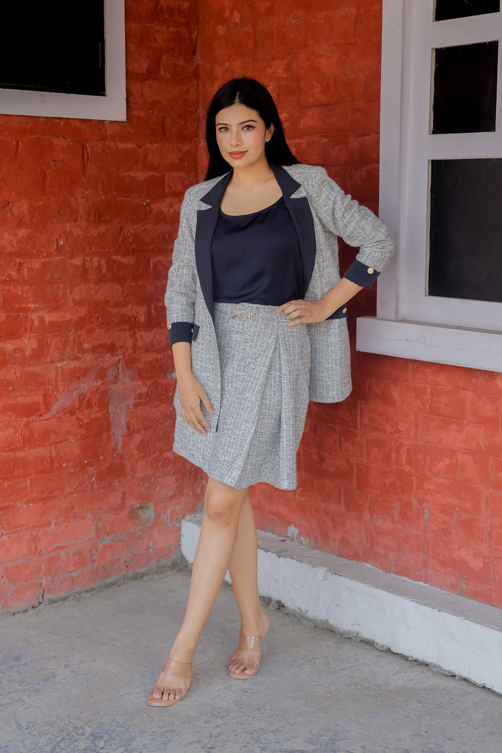 White & Grey tweed short skirt  ESWSK0011-WHTGB