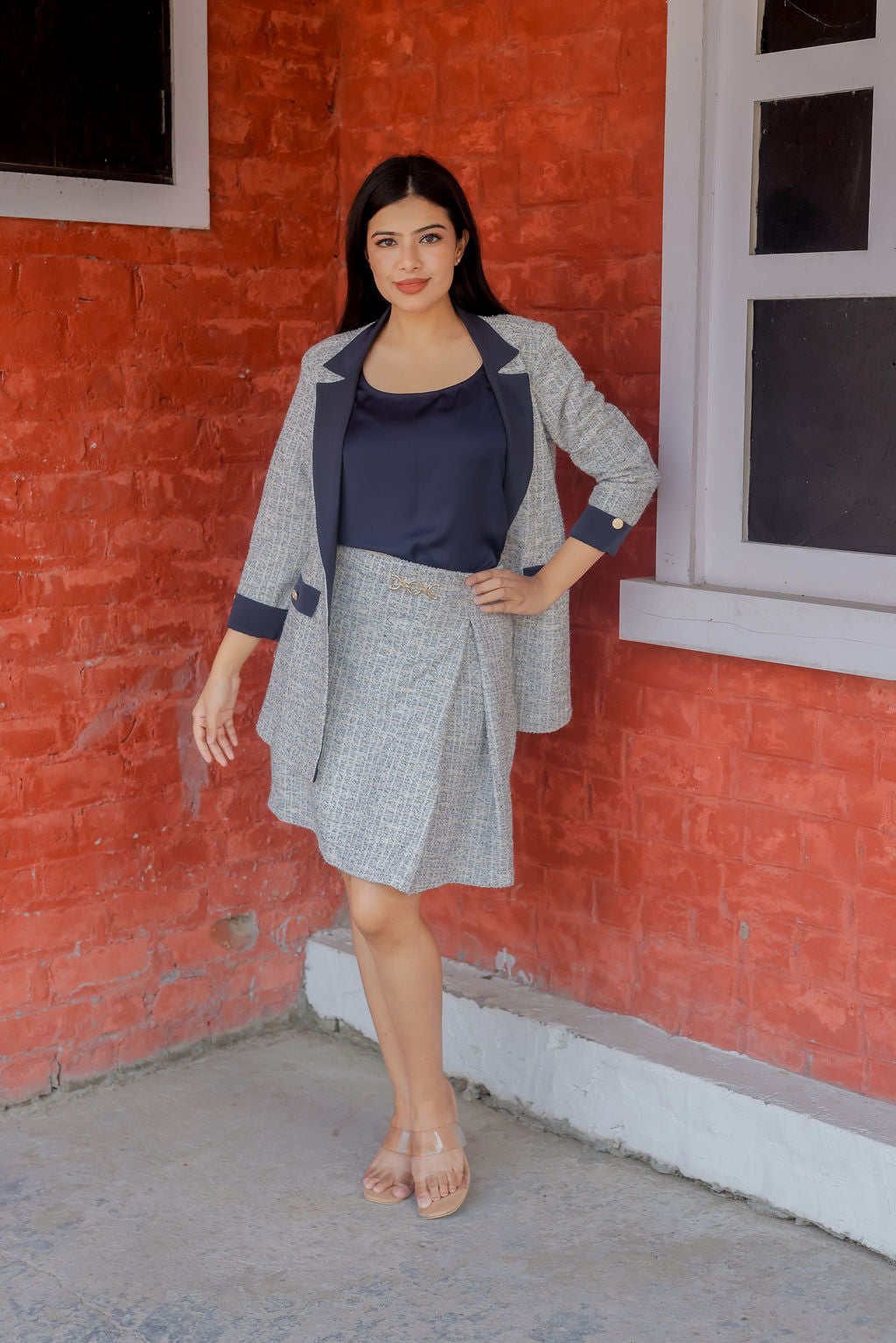 White & Grey tweed short skirt  ESWSK0011-WHTGB