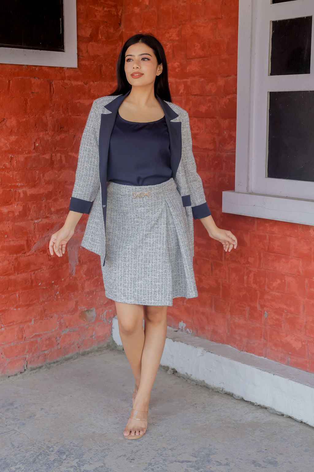 White & Grey tweed short skirt  ESWSK0011-WHTGB