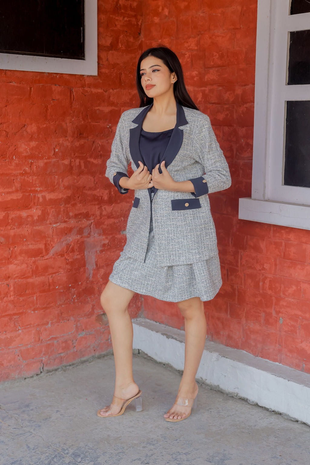 White & Grey tweed short skirt  ESWSK0011-WHTGB
