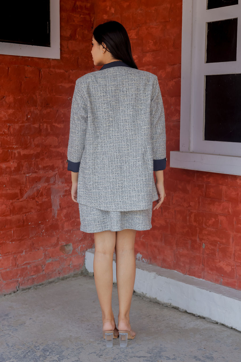 White & Grey Tweed fabric coat & Skirt Co ord set  with blue satin detailing and gold buttons EWCO0033-WHTSK