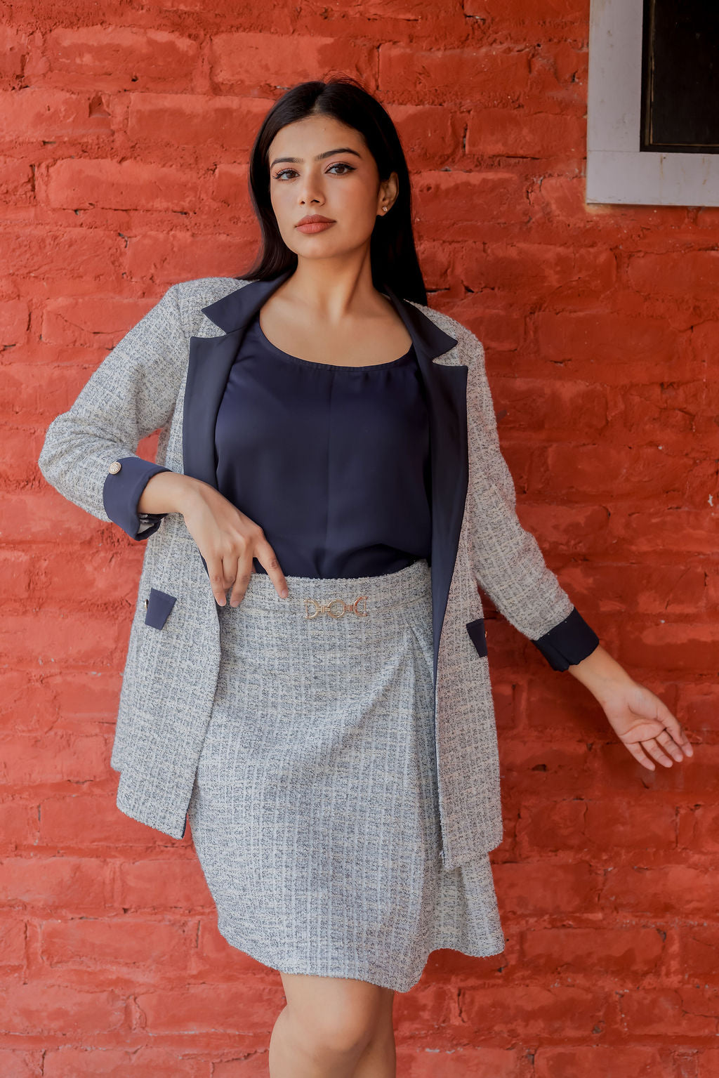 White & Grey Tweed fabric coat & Skirt Co ord set  with blue satin detailing and gold buttons EWCO0033-WHTSK