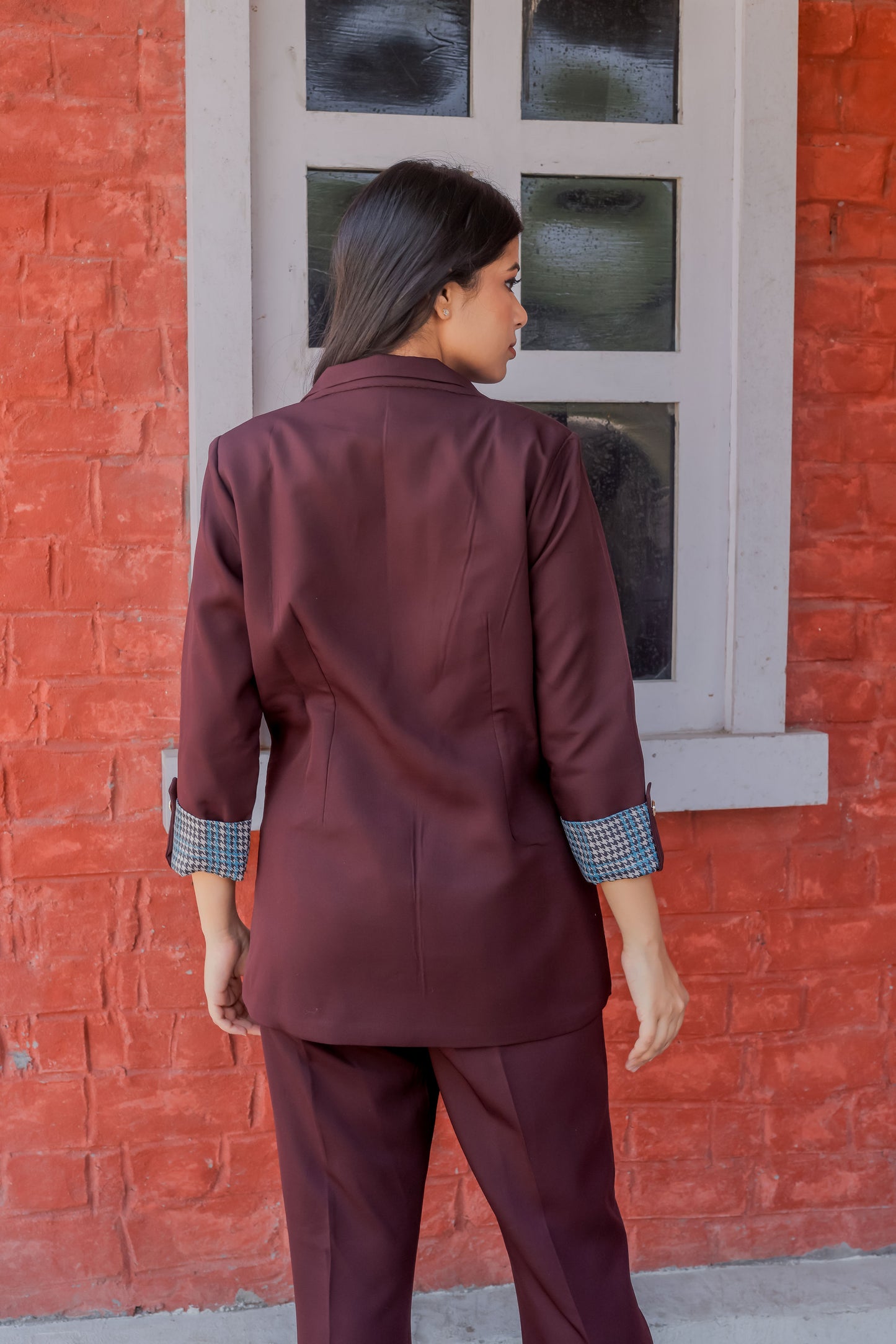 Wine crepe coat with houndstooth print detailing and gold buttons EWCT0001-BRNGB