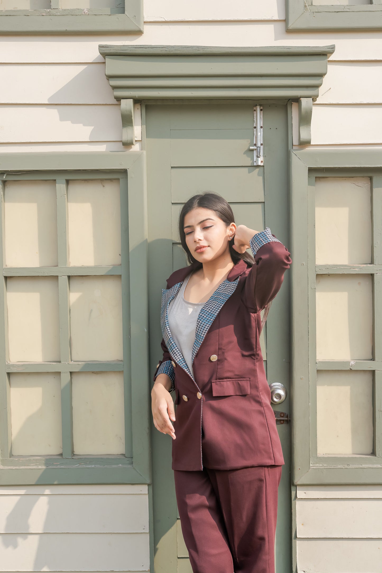 Wine crepe coat & Pants Co ord set with houndstooth print detailing and gold buttons EWCO0026-BRNPT