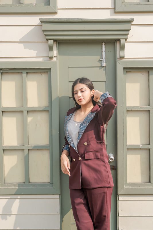 Wine crepe coat & Pants Co ord set with houndstooth print detailing and gold buttons EWCO0026-BRNPT