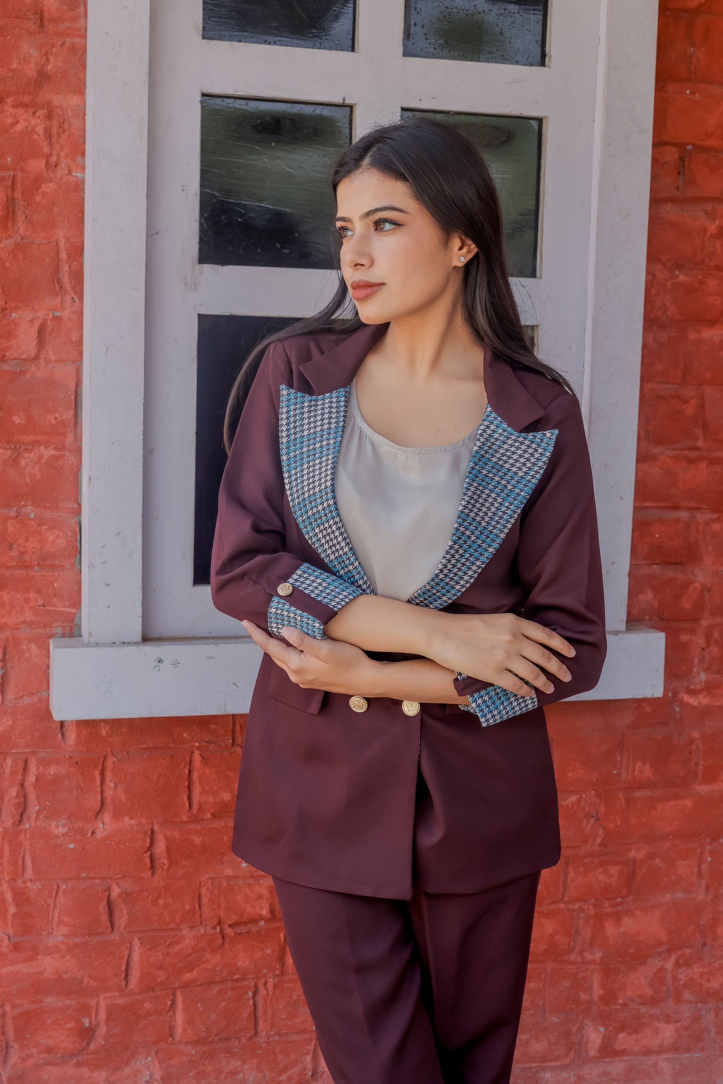 Wine crepe coat with houndstooth print detailing and gold buttons EWCT0001-BRNGB
