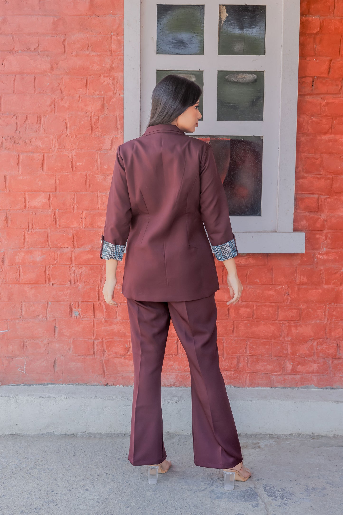 Wine crepe coat & Pants Co ord set with houndstooth print detailing and gold buttons EWCO0026-BRNPT
