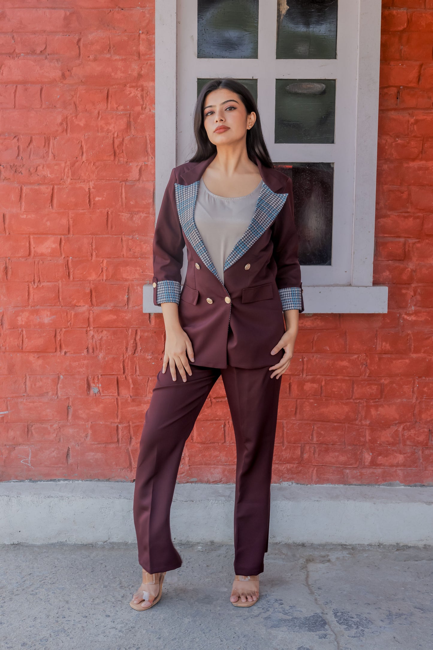 Wine crepe coat with houndstooth print detailing and gold buttons EWCT0001-BRNGB