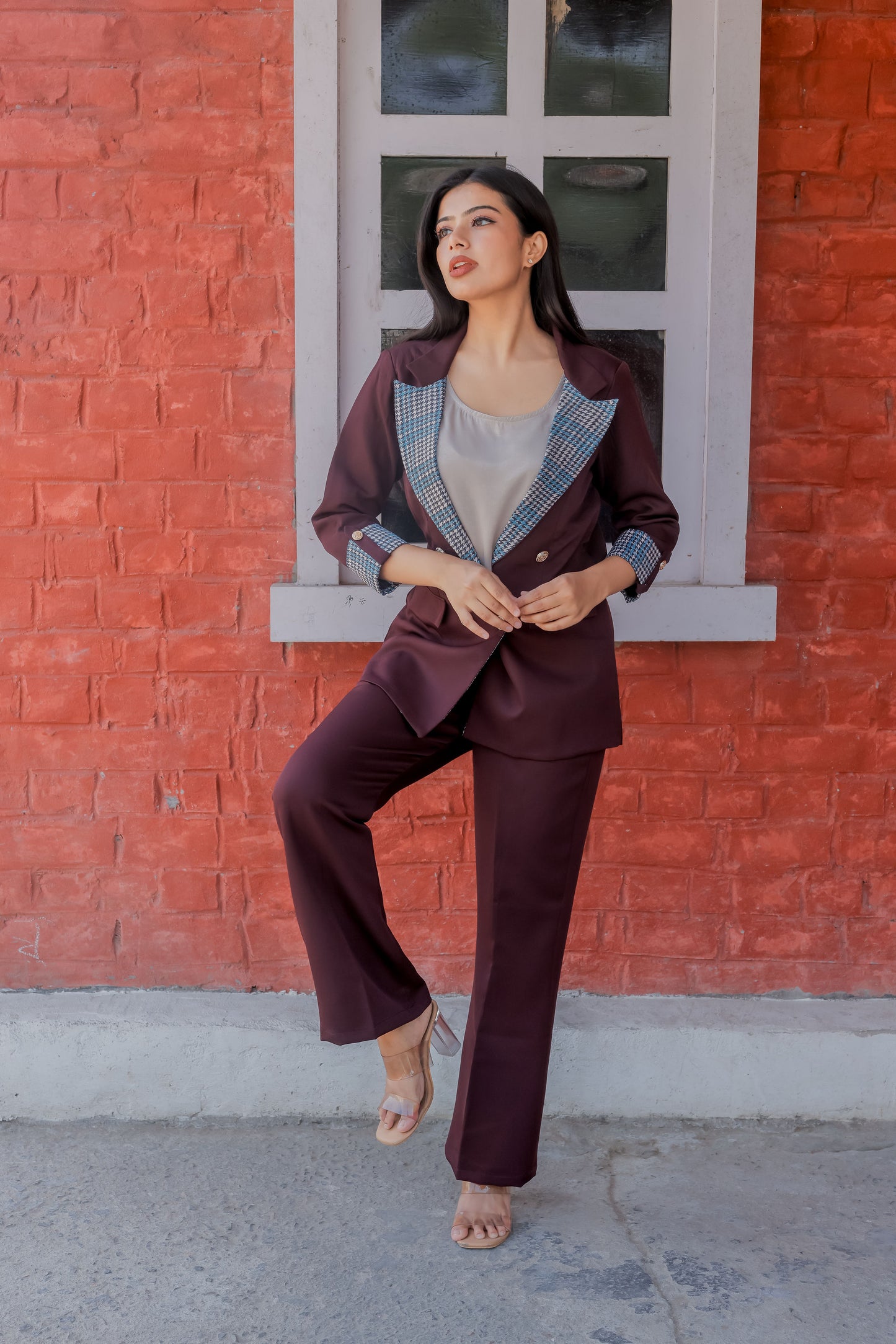 Wine crepe coat with houndstooth print detailing and gold buttons EWCT0001-BRNGB