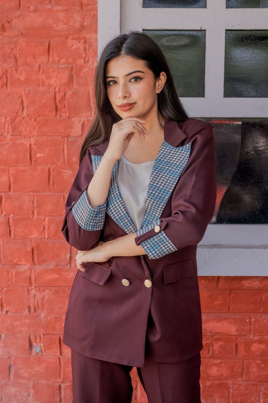 Wine crepe coat with houndstooth print detailing and gold buttons EWCT0001-BRNGB