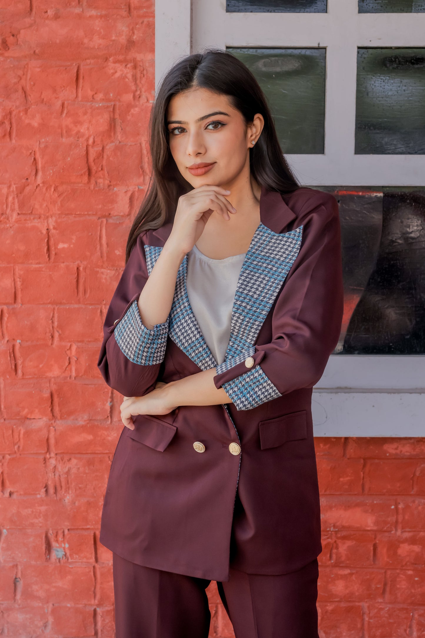 Wine crepe coat & Pants Co ord set with houndstooth print detailing and gold buttons EWCO0026-BRNPT