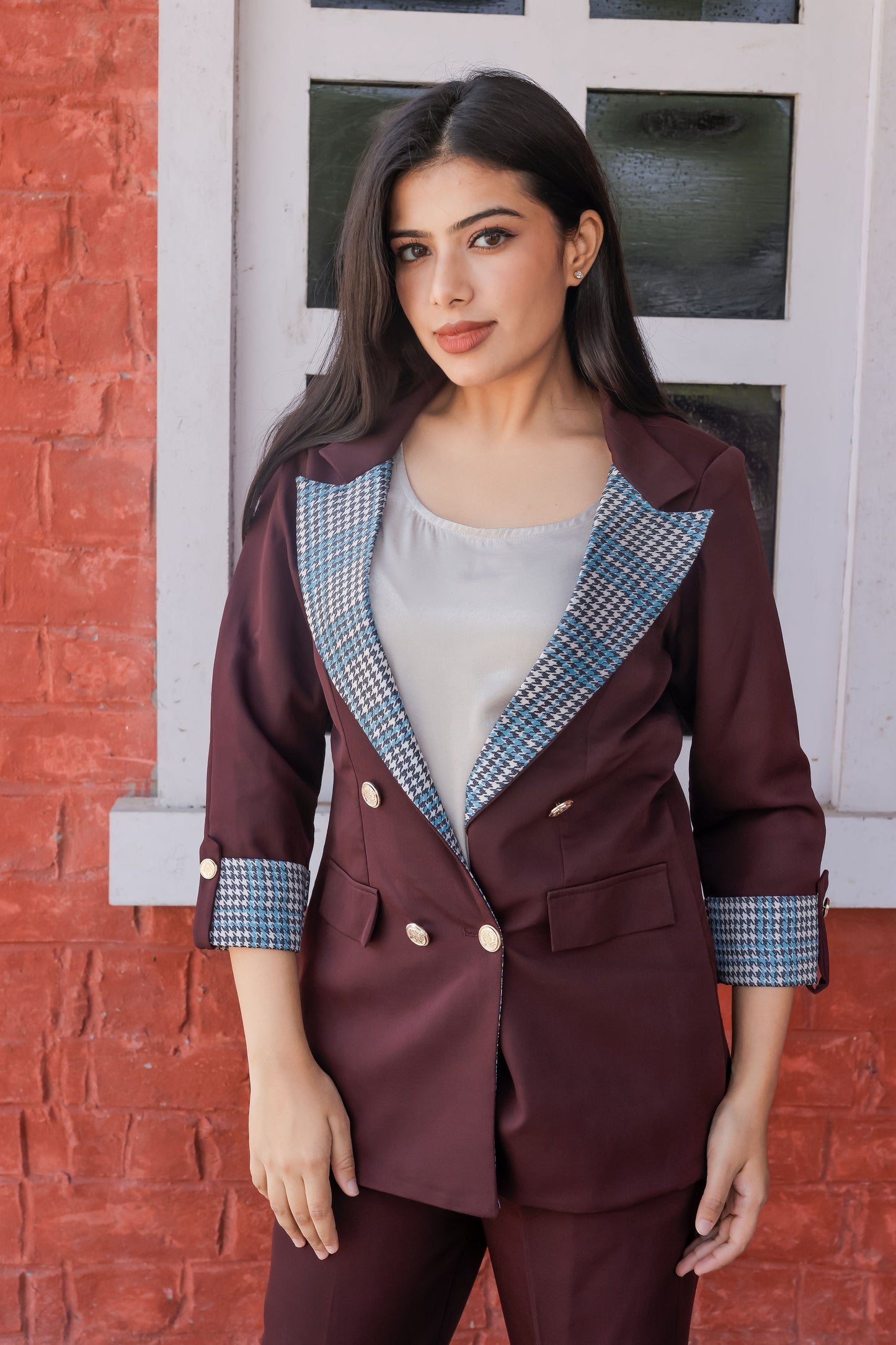 Wine crepe coat & Pants Co ord set with houndstooth print detailing and gold buttons EWCO0026-BRNPT