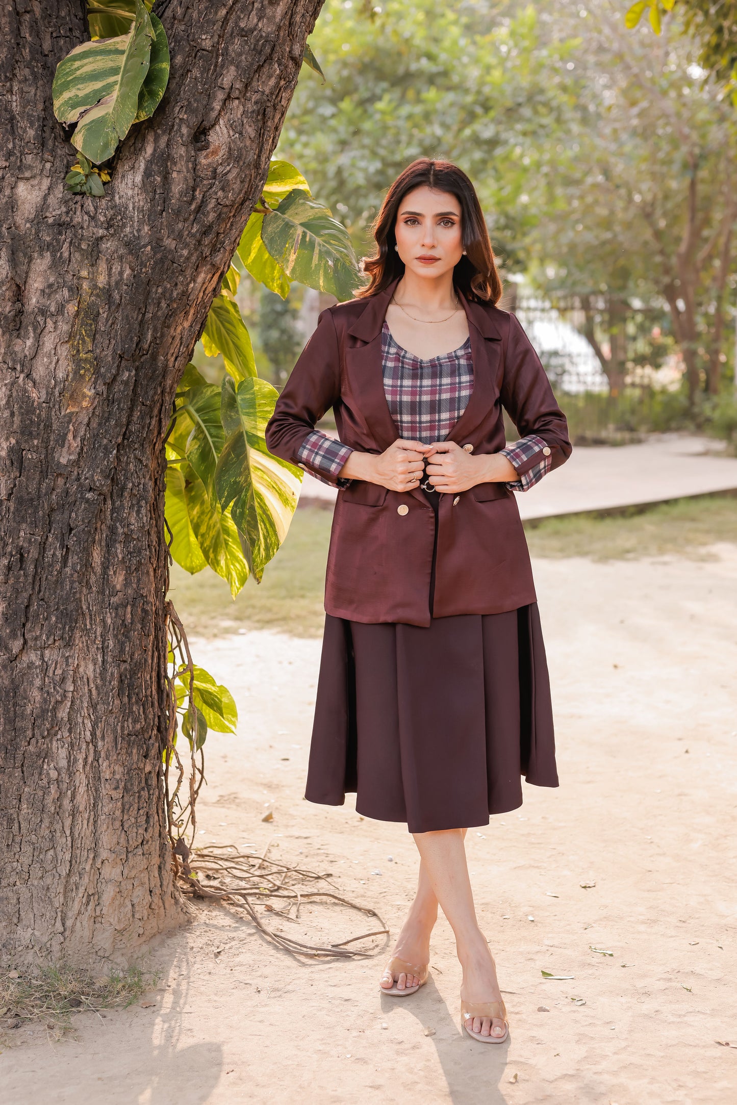 Wine crepe long skirt ESWSK0001-WINGB