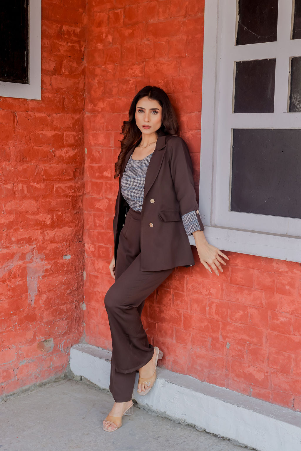 Brown crepe pants with gold buttons detailing ESWPA0018-BRNGB