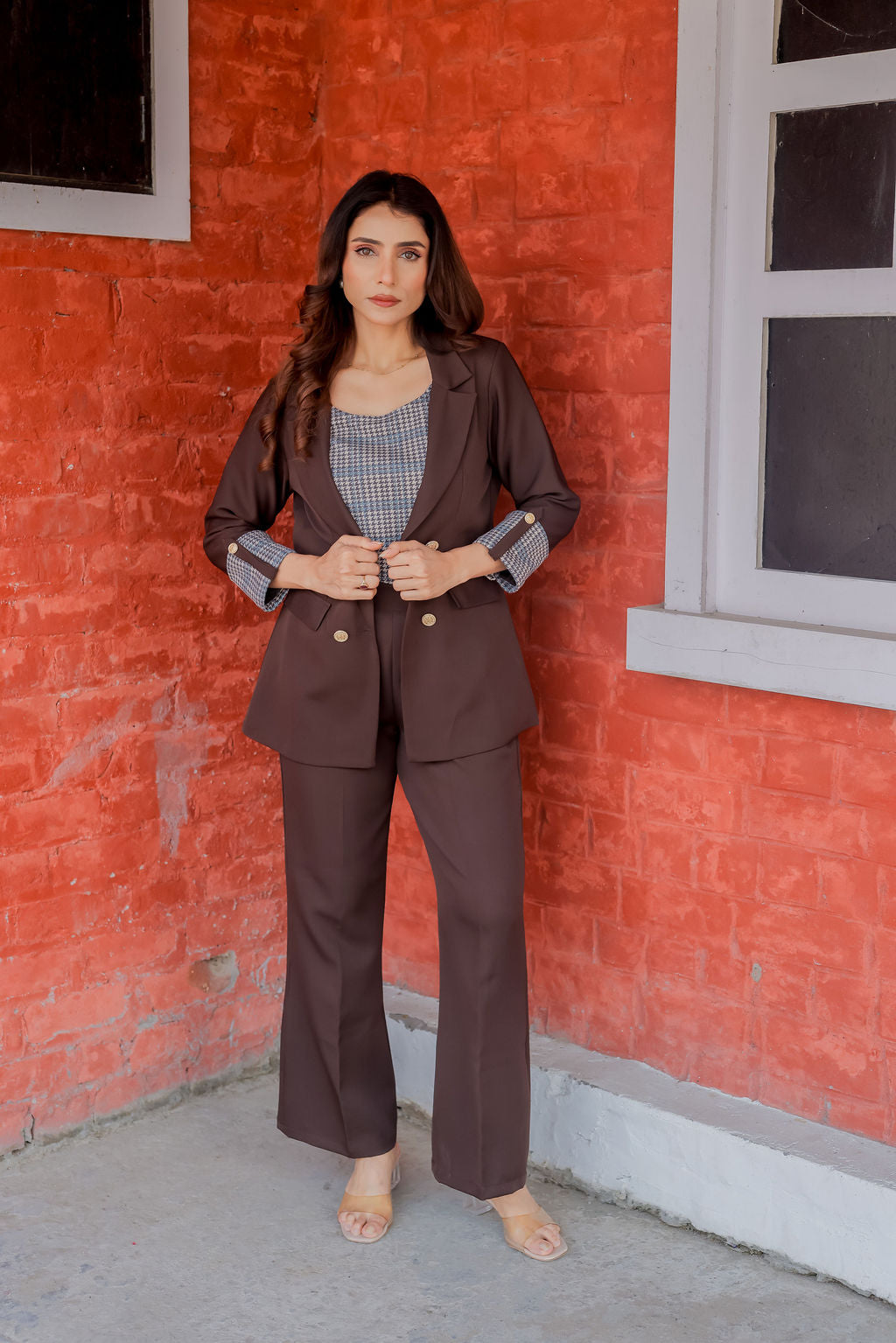 Brown crepe pants with gold buttons detailing ESWPA0018-BRNGB