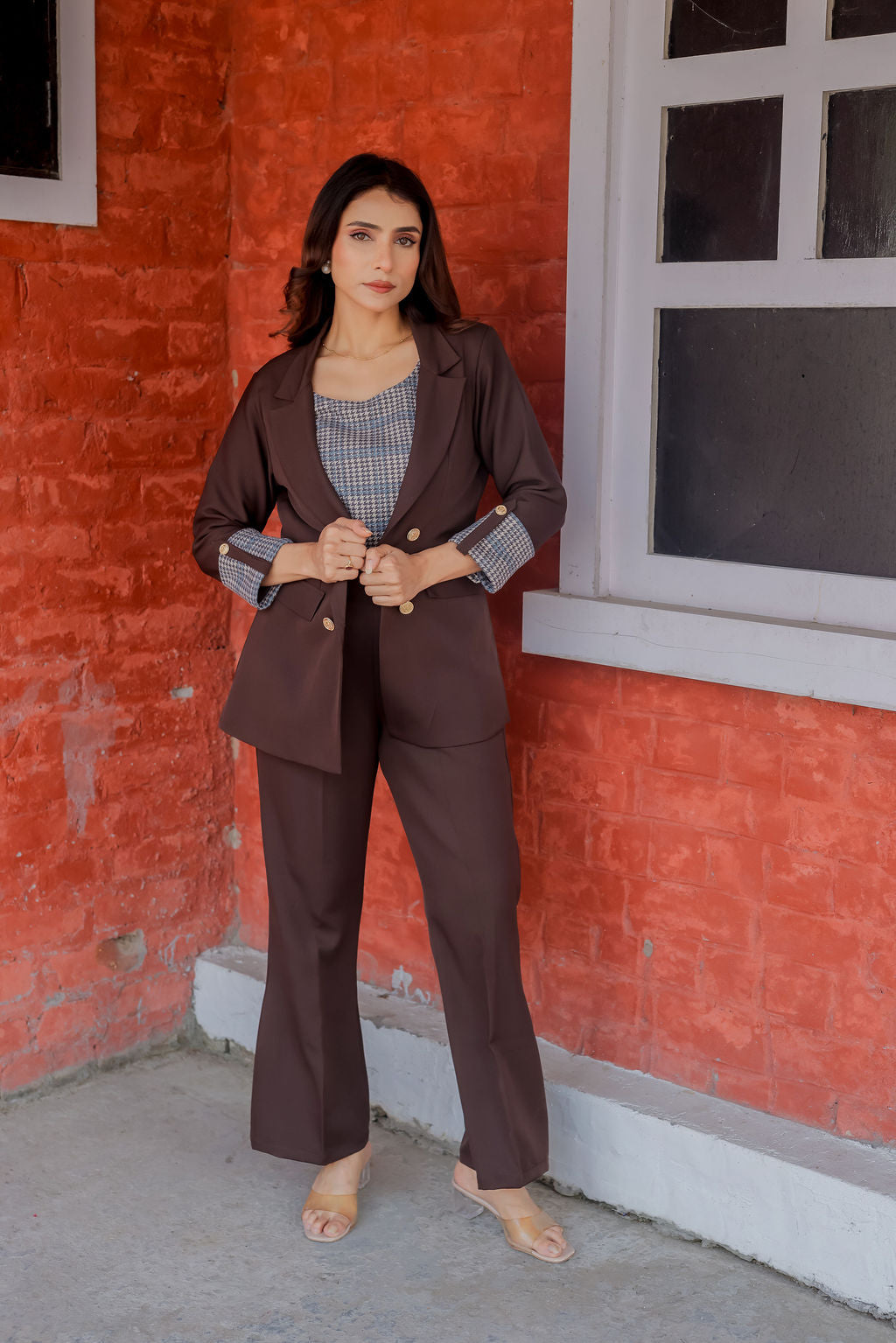 Wine crepe pants with gold buttons detailing ESWPA0017-WINGB